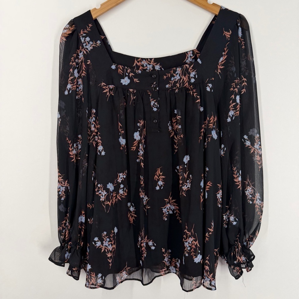 LC Lauren Conrad Henley Puff Sleeve Peasant Top Black Floral Size XXL